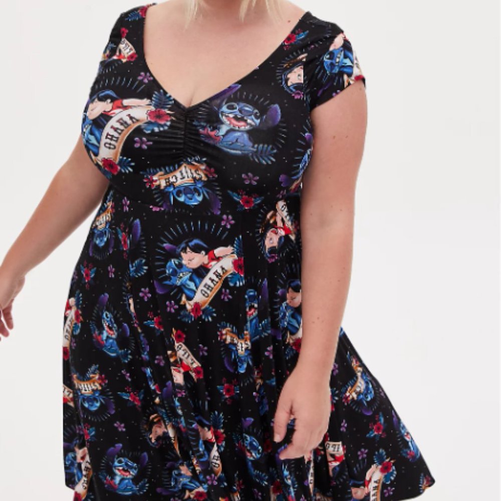 Torrid Size 3 (22/24W) Disney Lilo & Stitch Tattoo Handkerchief Skater Dress NWT - Picture 1 of 13